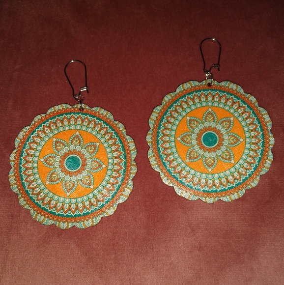 🪷SALE Wood Flower Mandala Earrings Big Bohemian Round Turquoise Blue Orange New - Picture 6 of 10